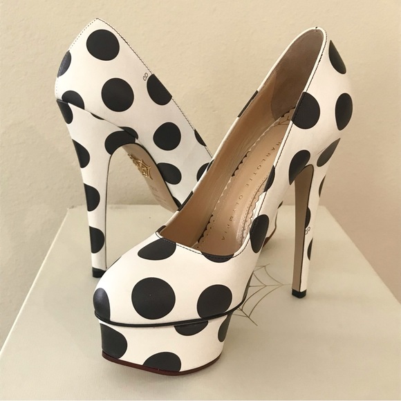 NIB! Rare! Charlotte Olympia Dolly Polka Dot Pump Heels 35.5 US 5.5 Black White - Picture 7 of 14